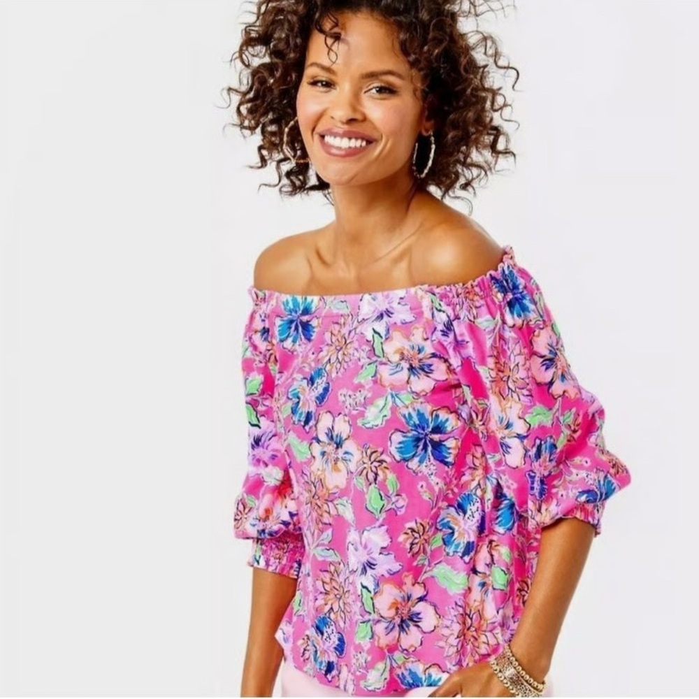Lilly Pulitzer Lessa Off-The-Shoulder Top M Last Bud Not Least Pattern